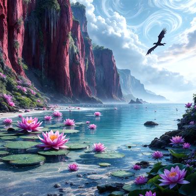 The primary subject of the image is a beautiful water lily floating on a body of water. The setting is a serene, natural environment with a mountainous backdrop. The visual style is a combination of photo and digital art, creating a realistic yet artistic representation of the scene. The colors and mood are predominantly pink and calming, evoking a sense of tranquility and harmony with nature.